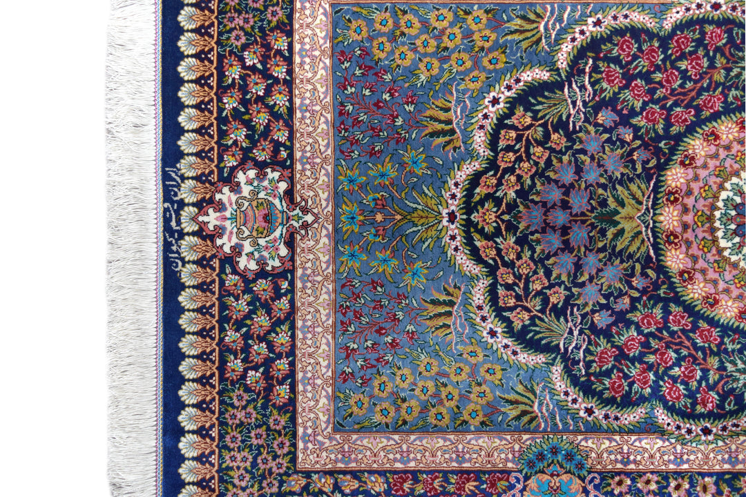 Qum Medallion Navy Persian Silk Rug