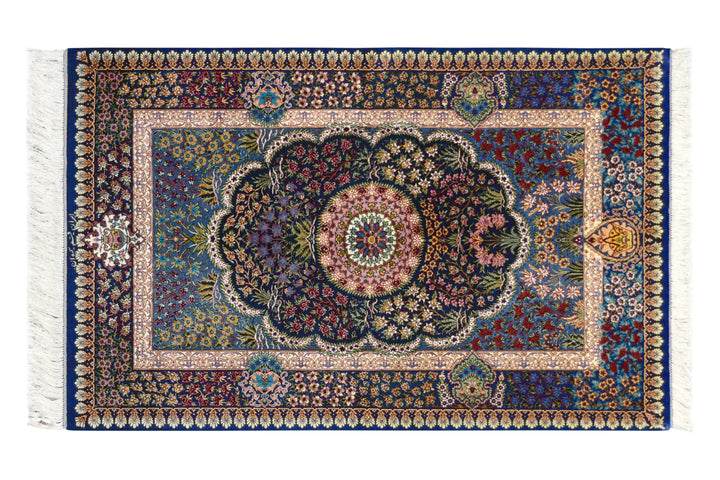 Qum Medallion Navy Persian Silk Rug