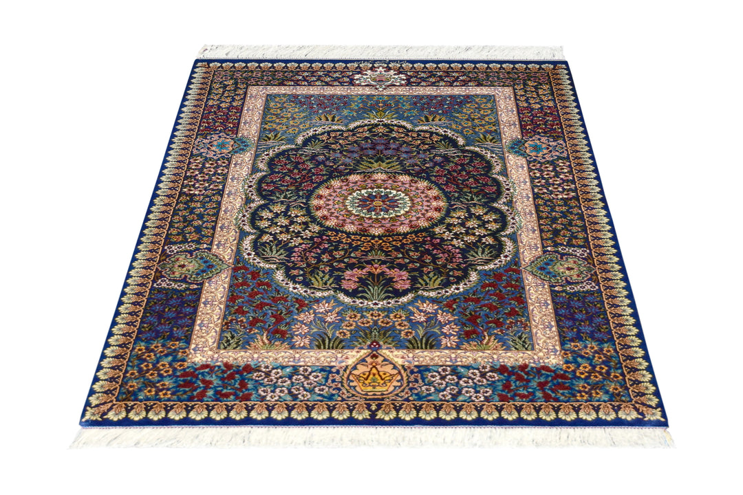 Qum Medallion Navy Persian Silk Rug