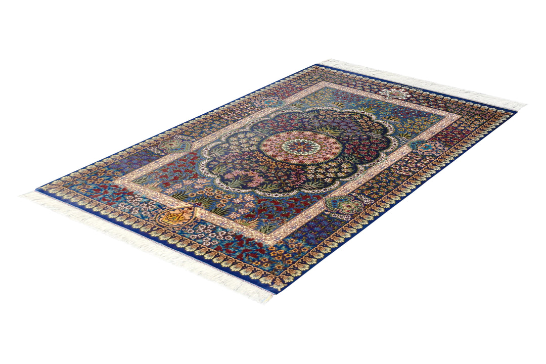 Qum Medallion Navy Persian Silk Rug