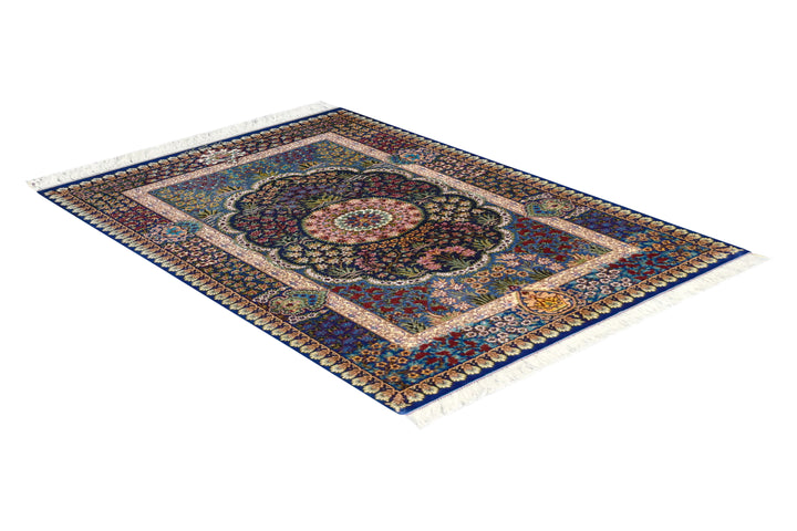 Qum Medallion Navy Persian Silk Rug