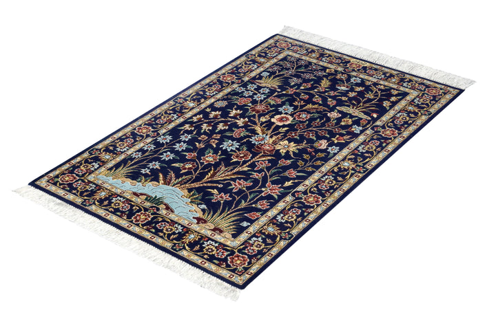 Qum Tree of Life Navy Persian Silk Rug