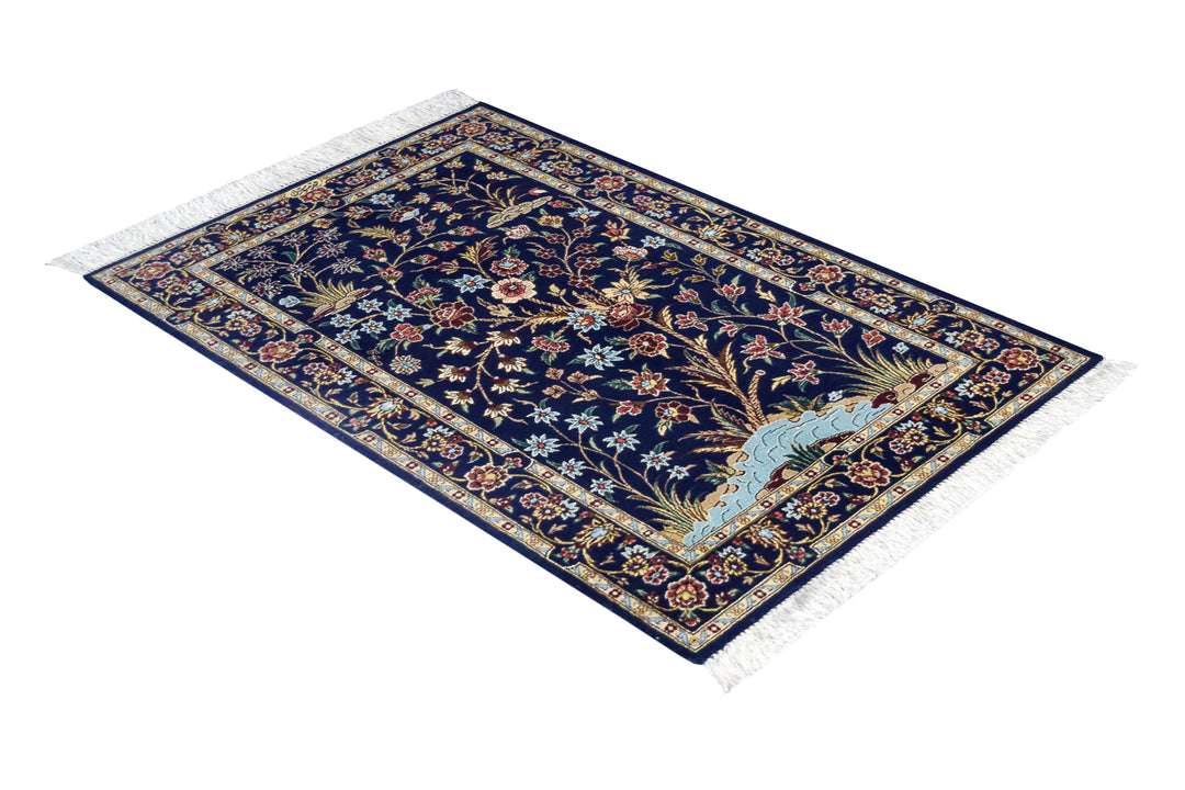 Qum Tree of Life Navy Persian Silk Rug