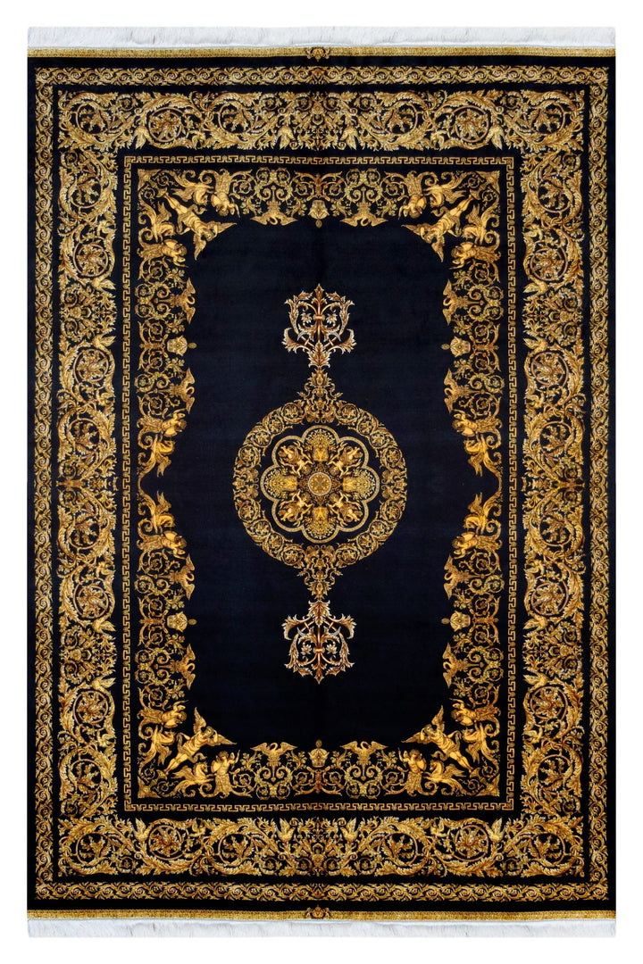 Classic Qum Acrylic Silk Gold Medallion Rug