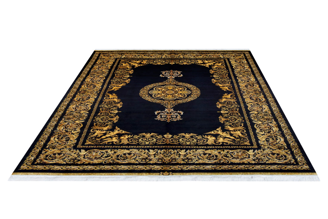 Classic Qum Acrylic Silk Gold Medallion Rug