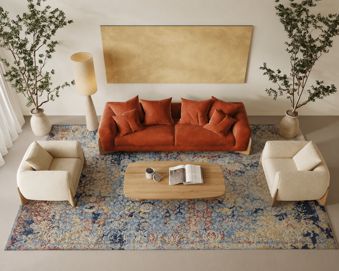 A styled living room scene featuring a rust-orange sofa with matching cushions, two cream armchairs, a light wood coffee table, a large blue and beige patterned area rug, a floor lamp, and potted plants.