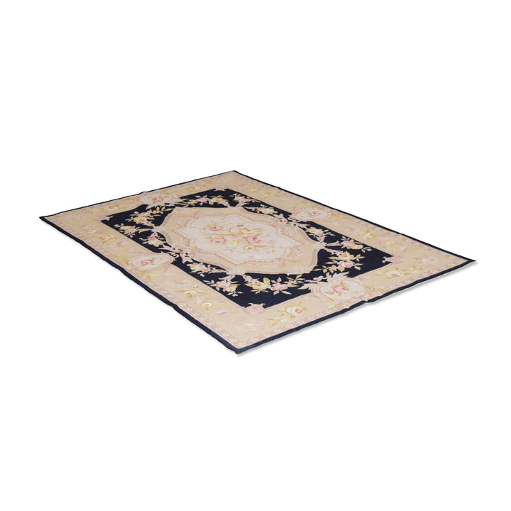 Needle Point Aubusson Medallion Black Beige Rug