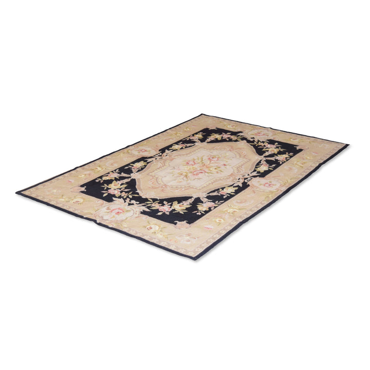 Needle Point Aubusson Medallion Black Beige Rug