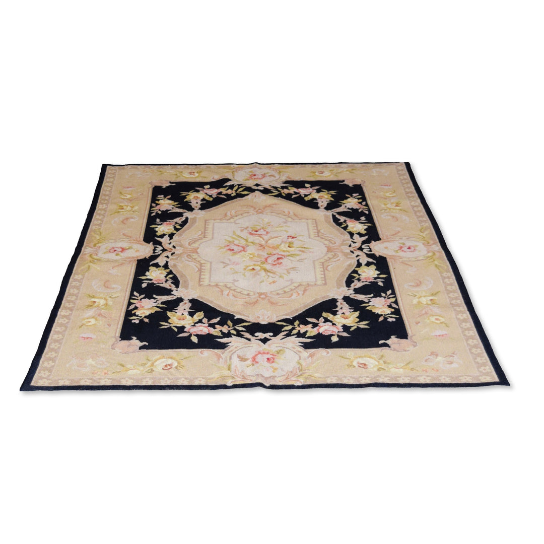Needle Point Aubusson Medallion Black Beige Rug