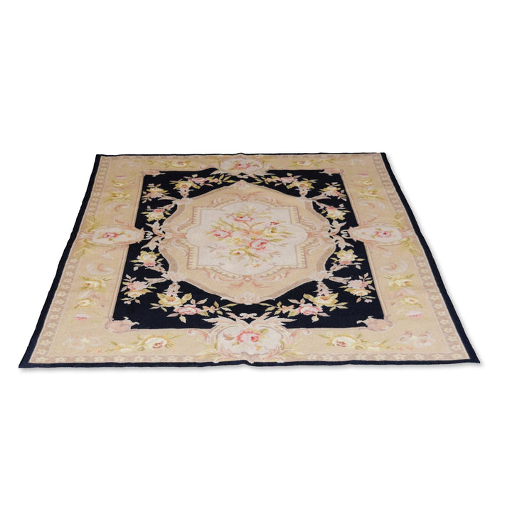 Needle Point Aubusson Medallion Black Beige Rug