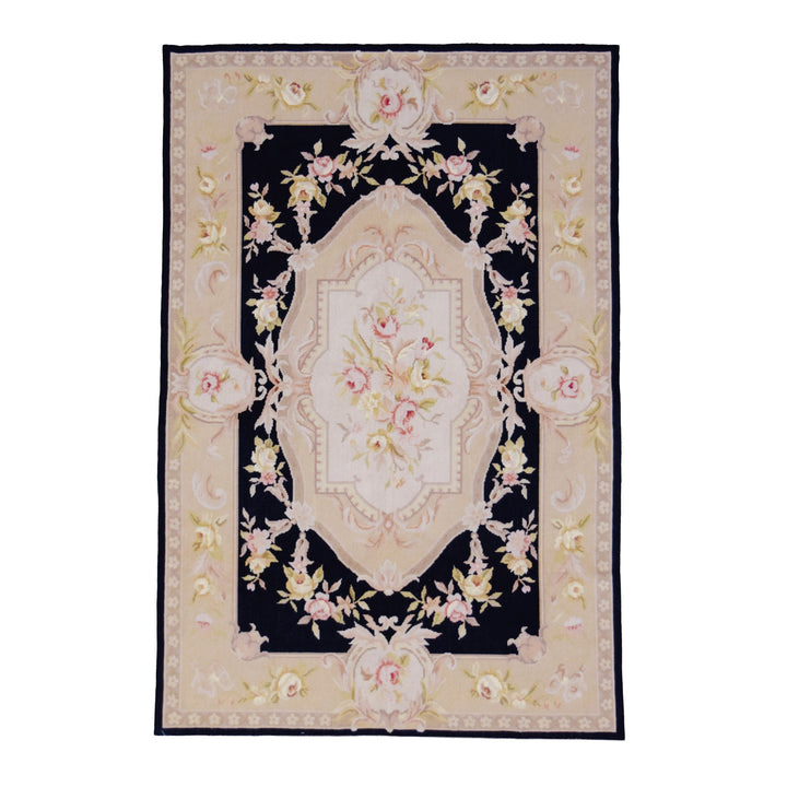Needle Point Aubusson Medallion Black Beige Rug
