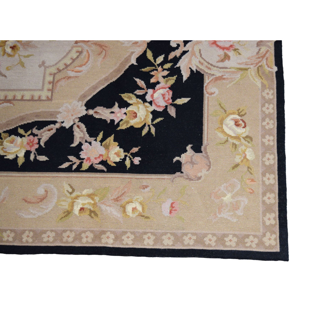 Needle Point Aubusson Medallion Black Beige Rug