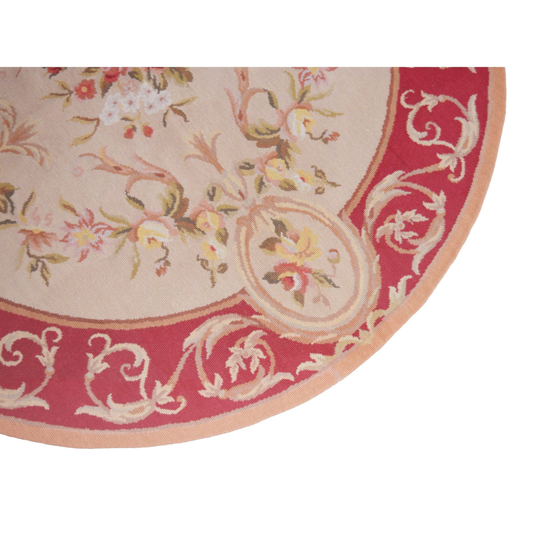 Needle Point Aubusson Red Round Wool Rug