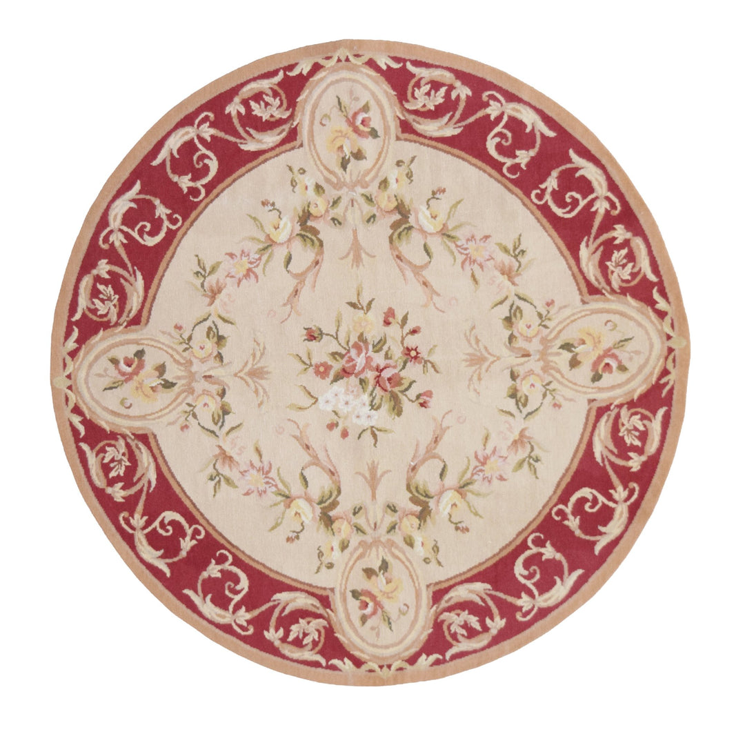 Needle Point Aubusson Red Round Wool Rug