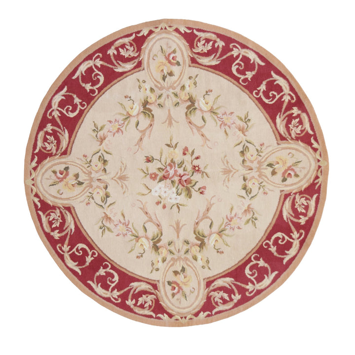 Needle Point Aubusson Red Round Wool Rug