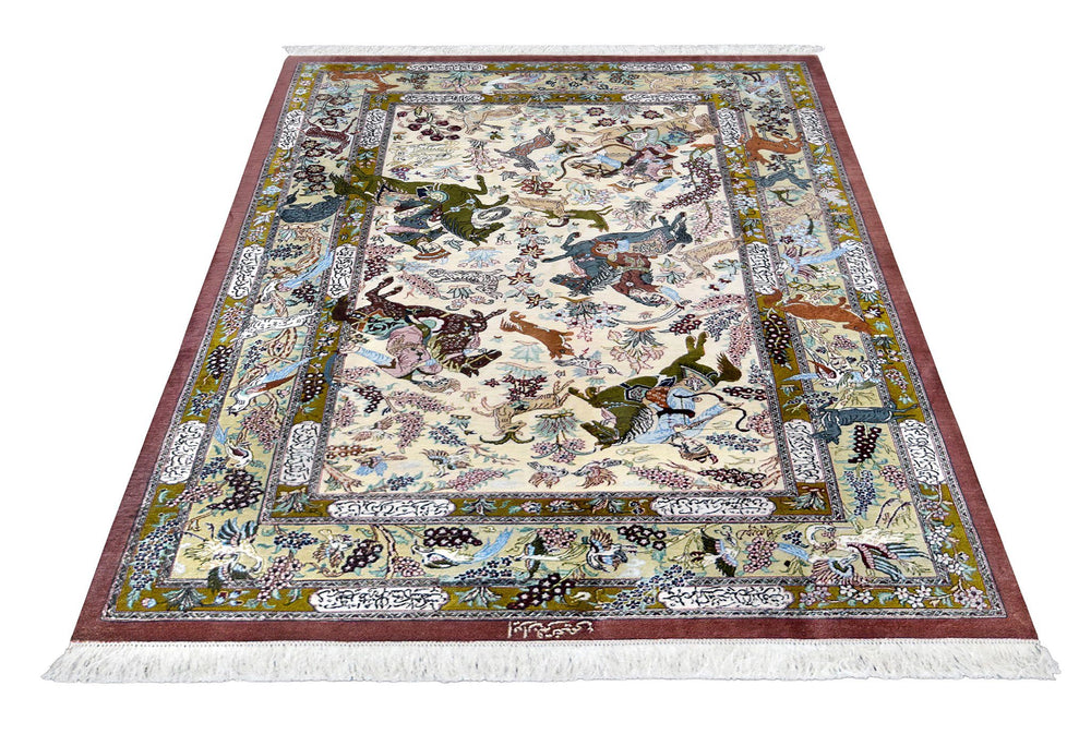 Persian Naimi Qum Silk Hunting Rug (4.1 x 6.7) (19088B) Rugs Shop Tapis 