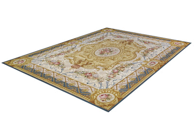 Savonnerie European Aubusson Blue & Gold Rug handmade area rug Shop Tapis 